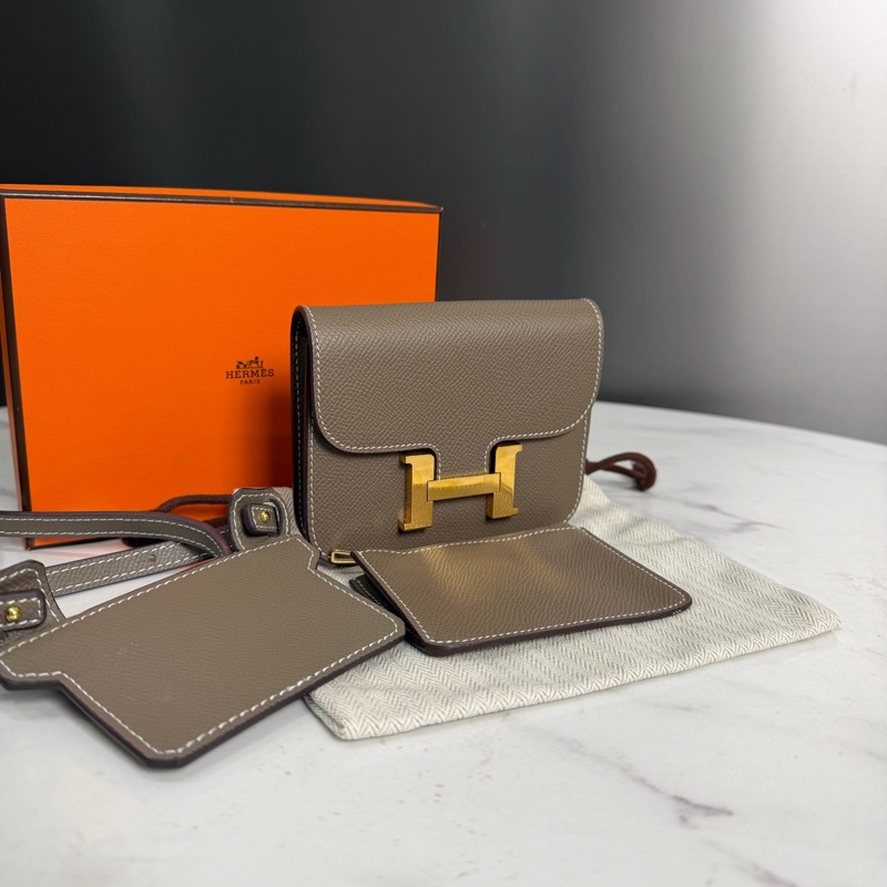 Hermes愛馬仕 W刻康康Slim大象灰 e皮金扣搭配肩帶可單肩斜挎,尺寸12×10cm-1
