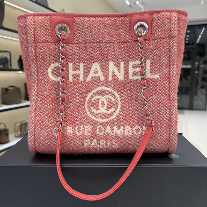 CHANEL香奈兒 芯片款 沙灘包銀鏈小號 粉紅拼白色織物logo托特包單肩包，尺寸：26×12×3-0