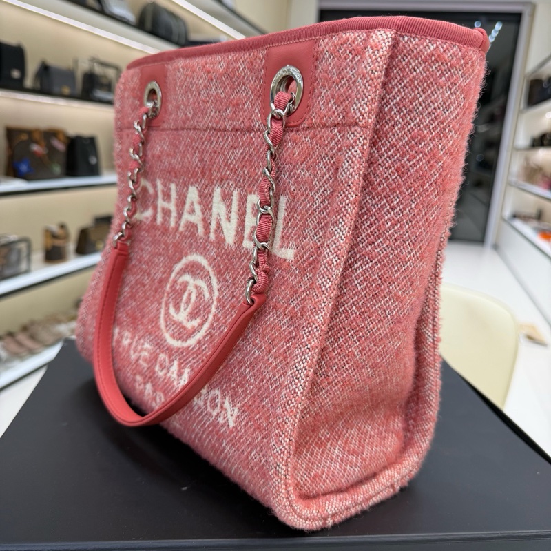 CHANEL香奈兒 芯片款 沙灘包銀鏈小號 粉紅拼白色織物logo托特包單肩包，尺寸：26×12×3-3