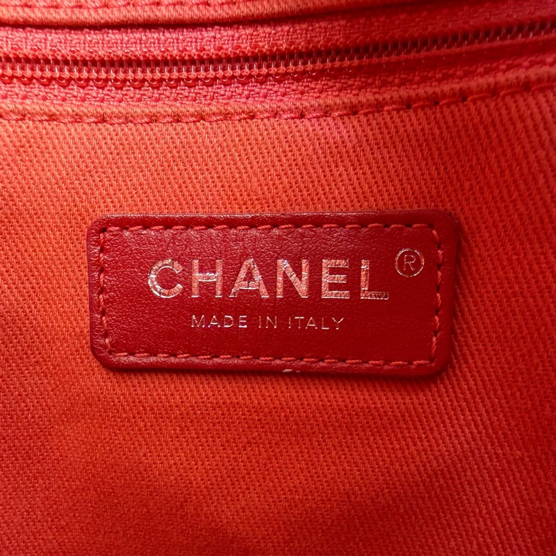 CHANEL香奈兒 芯片款 沙灘包銀鏈小號 粉紅拼白色織物logo托特包單肩包，尺寸：26×12×3-6