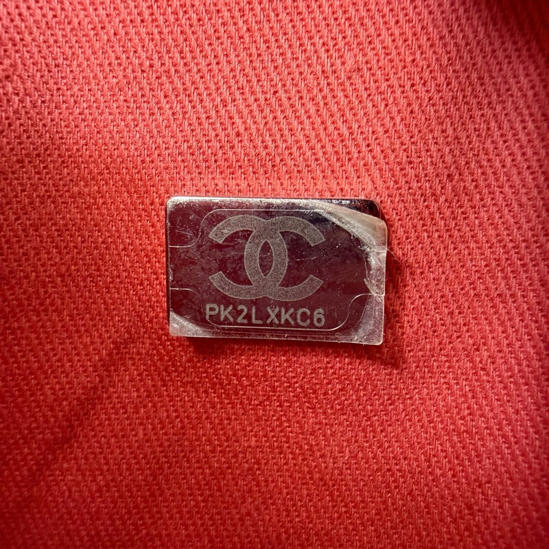 CHANEL香奈兒 芯片款 沙灘包銀鏈小號 粉紅拼白色織物logo托特包單肩包，尺寸：26×12×3-7