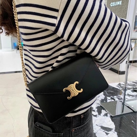 CELINE黑金牛皮凱旋MARGO下蓋信封側背包