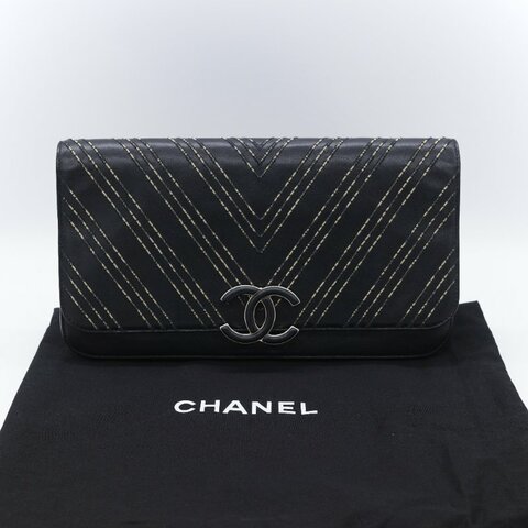 Chanel 香奈兒 Subtle Flap 黑色羊皮 立體雙色線刺 繡 手拿包 翻蓋包