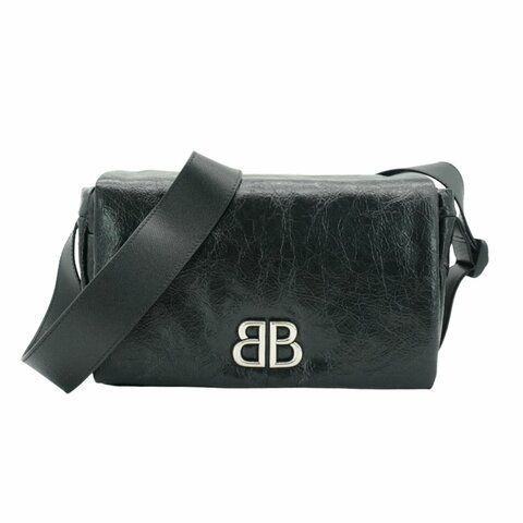 Balenciaga Monaco 銀logo小牛皮斜背郵差包(806630-黑)