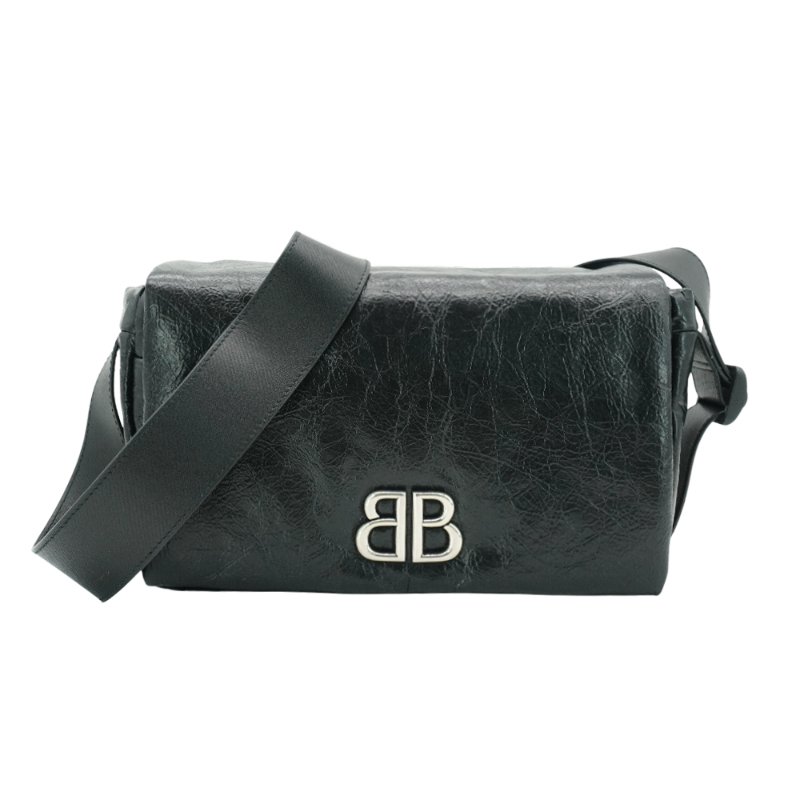 Balenciaga Monaco 銀logo小牛皮斜背郵差包(806630-黑)-0