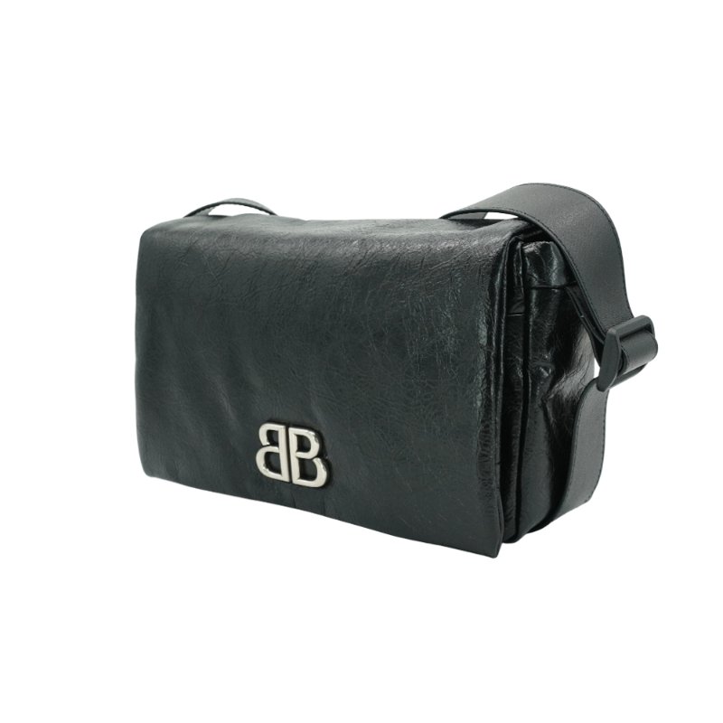 Balenciaga Monaco 銀logo小牛皮斜背郵差包(806630-黑)-1