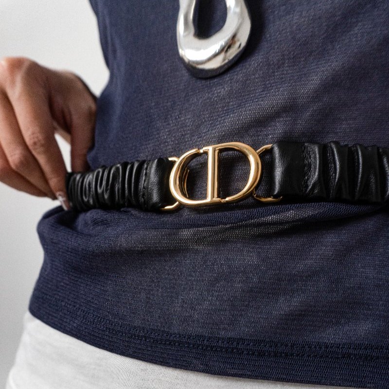 DIOR 30 Montaigne 小牛皮彈性皺褶腰帶(黑)-0