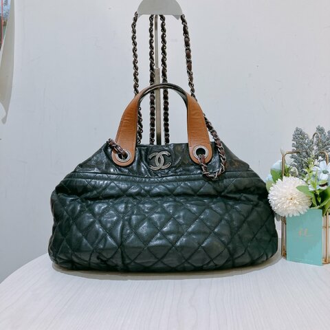 TK1955	香奈兒 牛皮皮革 鏈帶手挽肩背  Black Quilted Iridescent Calfskin Leather Small In-The-Mix Tote Bag