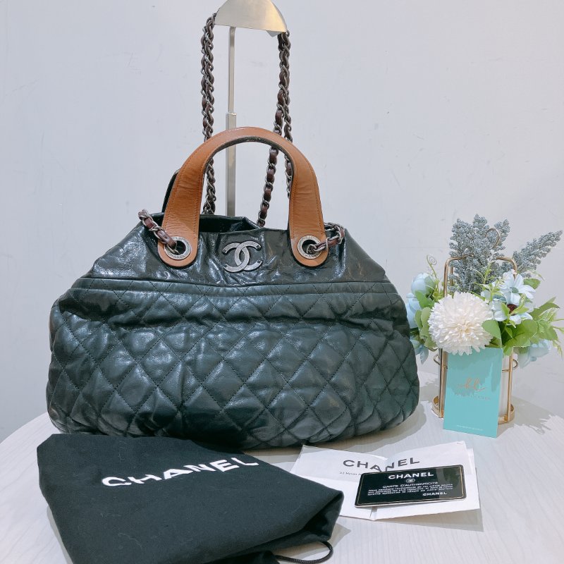 TK1955	香奈兒 牛皮皮革 鏈帶手挽肩背  Black Quilted Iridescent Calfskin Leather Small In-The-Mix Tote Bag-33