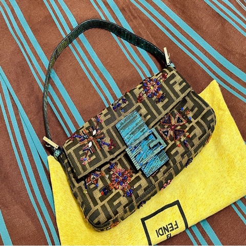 FENDI 稀有法棍 老花包 Baguette 彩珠刺繡拚花 Tobacco Zucca