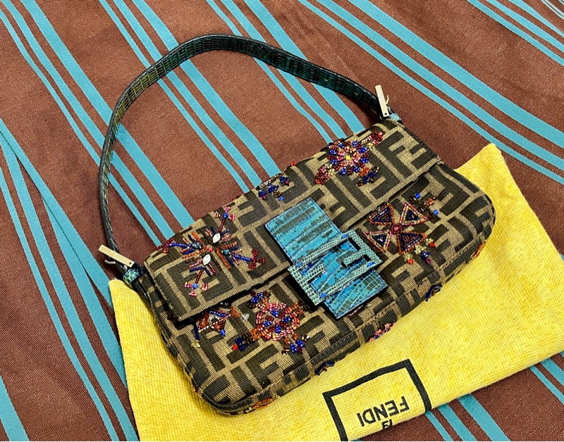 FENDI 中古稀有法棍 老花包 Baguette 彩珠刺繡拚花 Tobacco Zucca-0