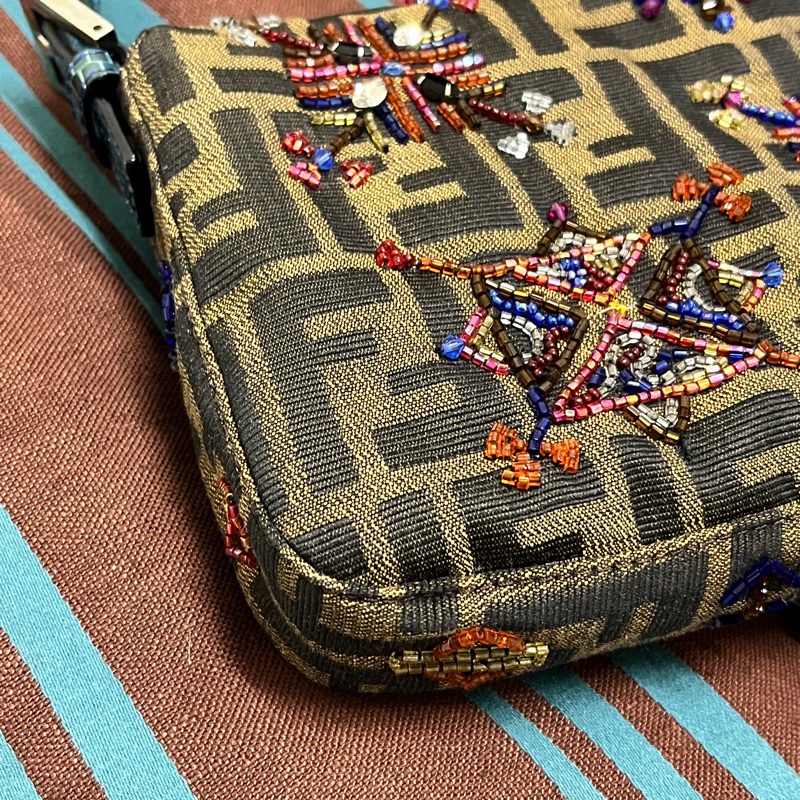 FENDI 中古稀有法棍 老花包 Baguette 彩珠刺繡拚花 Tobacco Zucca-5