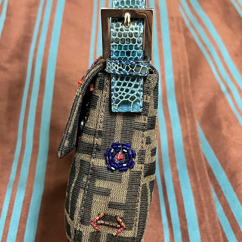 FENDI 中古稀有法棍 老花包 Baguette 彩珠刺繡拚花 Tobacco Zucca-8