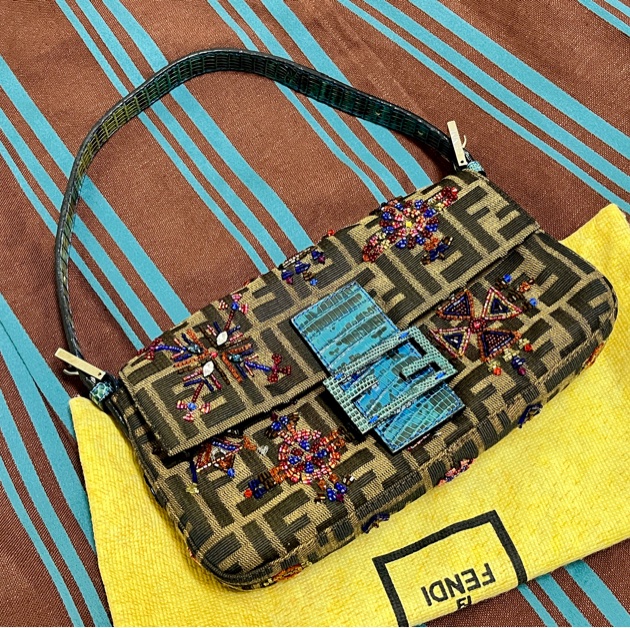 FENDI 中古稀有法棍 老花包 Baguette 彩珠刺繡拚花 Tobacco Zucca-14