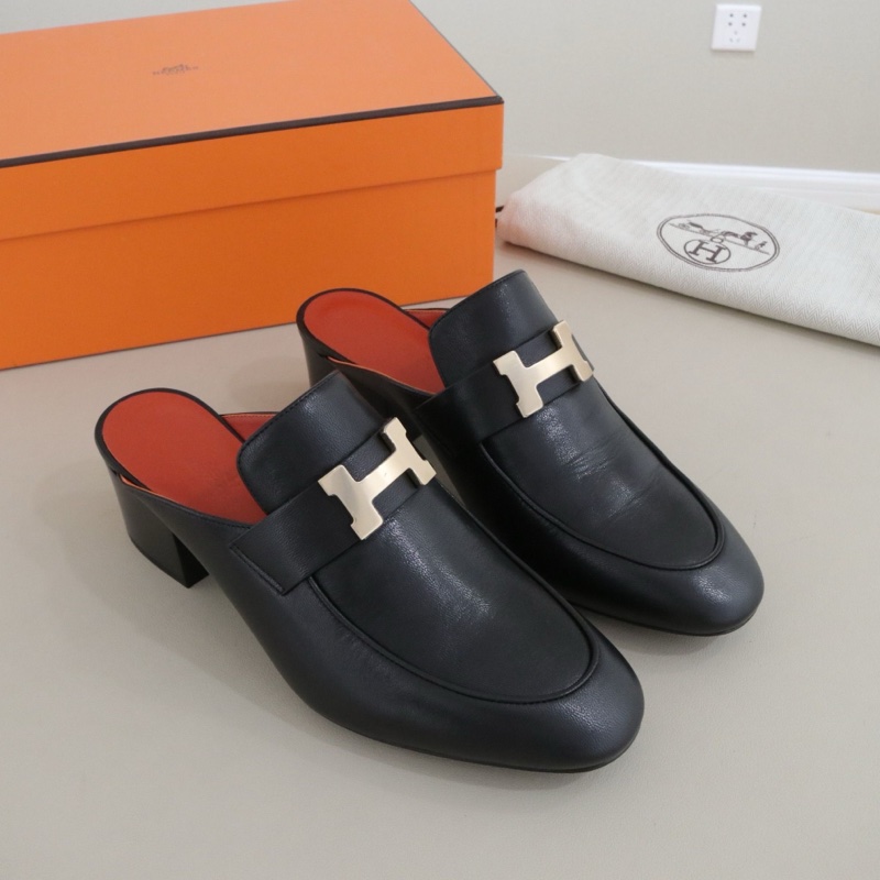閒置新Hermès 愛馬仕  拖鞋女鞋，黑色金扣，36碼，跟高5cm 配件盒子防塵袋-0