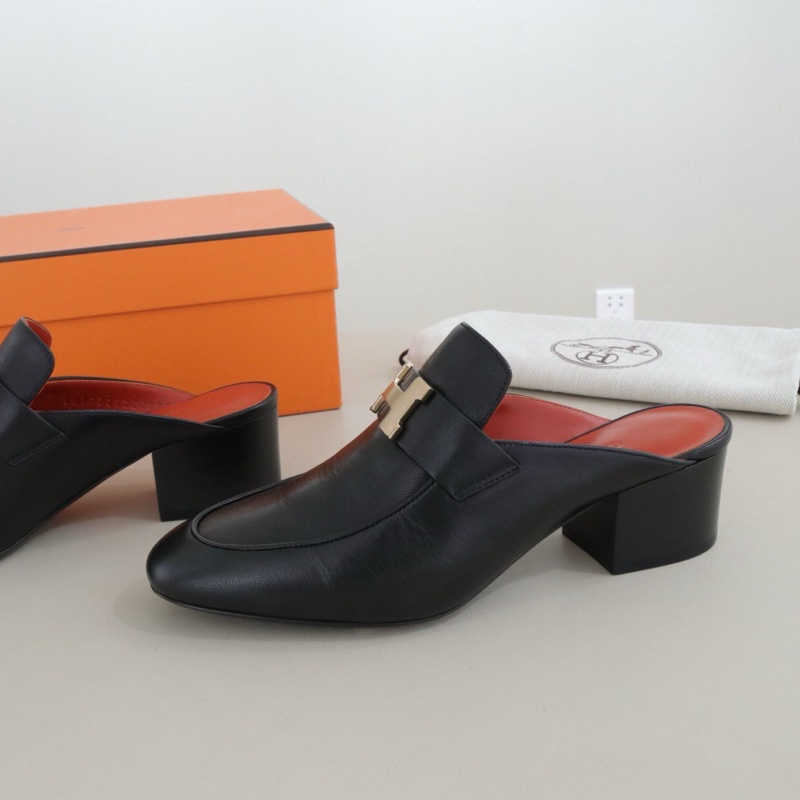 閒置新Hermès 愛馬仕  拖鞋女鞋，黑色金扣，36碼，跟高5cm 配件盒子防塵袋-3