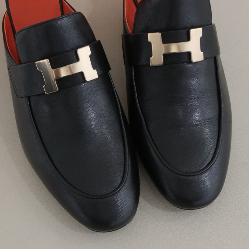 閒置新Hermès 愛馬仕  拖鞋女鞋，黑色金扣，36碼，跟高5cm 配件盒子防塵袋-5