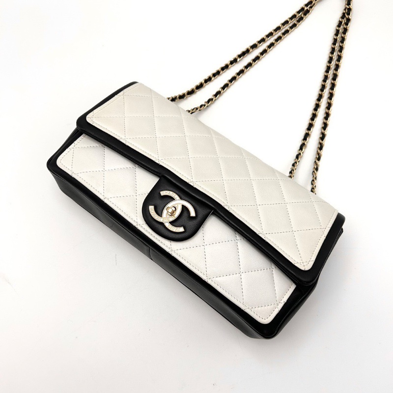 CHANEL cf黑白熊貓拼色雙C大Iogo肩背斜背包27*14*6 98新配件塵袋保卡-5