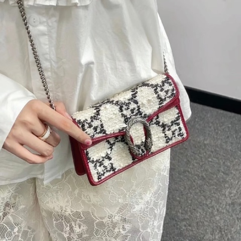 GUCCI黑白老花毛呢拼紅皮酒神小號肩背斜背包20*14*4 98新配件塵袋