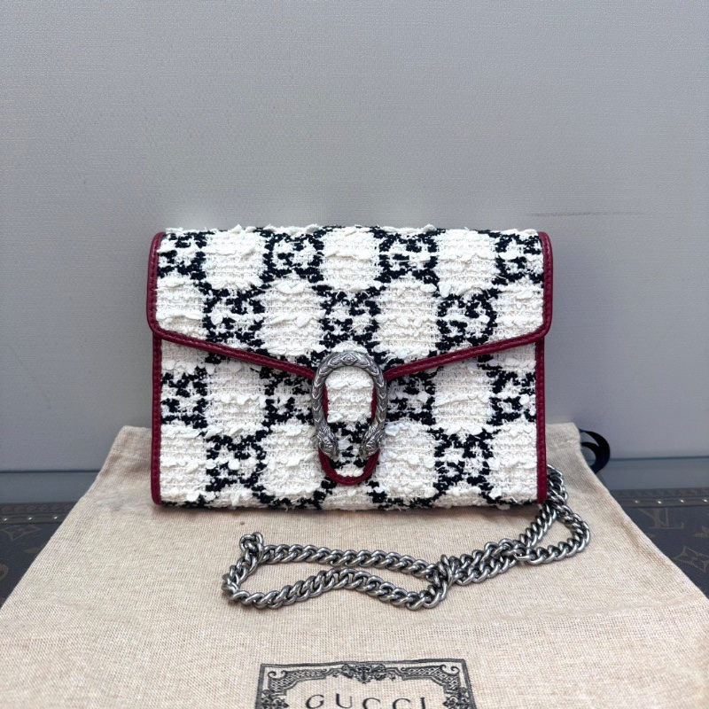 GUCCI黑白老花毛呢拼紅皮酒神小號肩背斜背包20*14*4 98新配件塵袋-1
