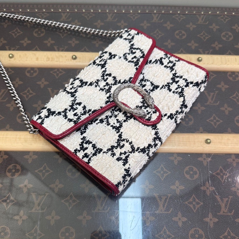 GUCCI黑白老花毛呢拼紅皮酒神小號肩背斜背包20*14*4 98新配件塵袋-3