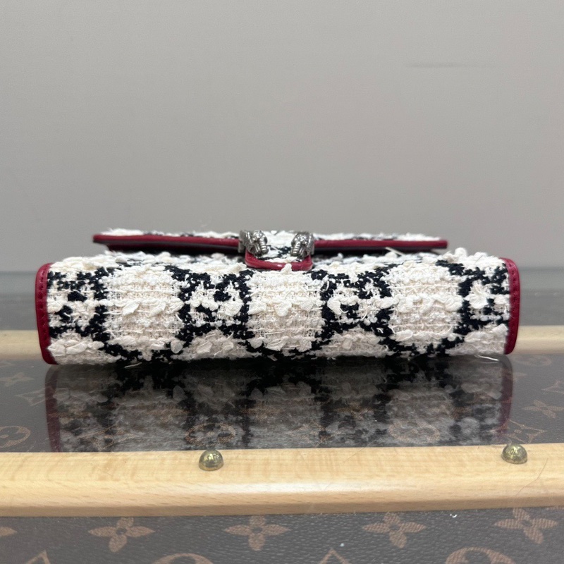 GUCCI黑白老花毛呢拼紅皮酒神小號肩背斜背包20*14*4 98新配件塵袋-4