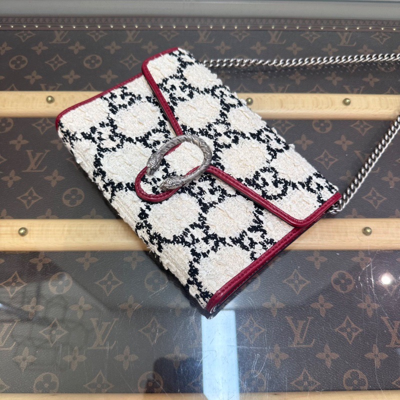 GUCCI黑白老花毛呢拼紅皮酒神小號肩背斜背包20*14*4 98新配件塵袋-5