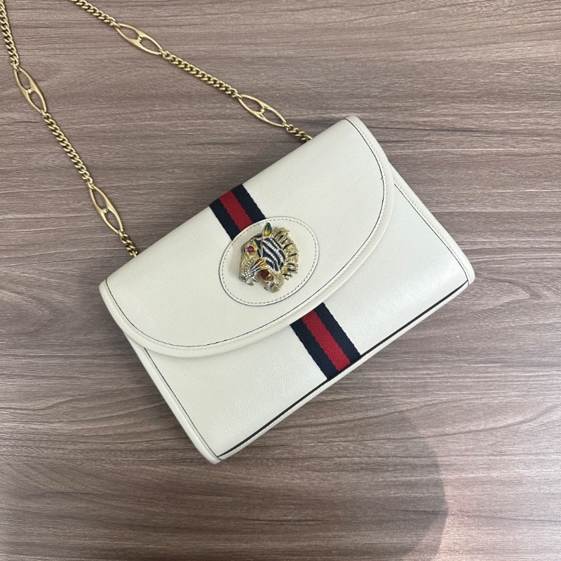 GUCCI白色中號Rajah琺瑯 水晶虎頭肩背斜背鏈條包24*16*5 98新配件塵袋-3