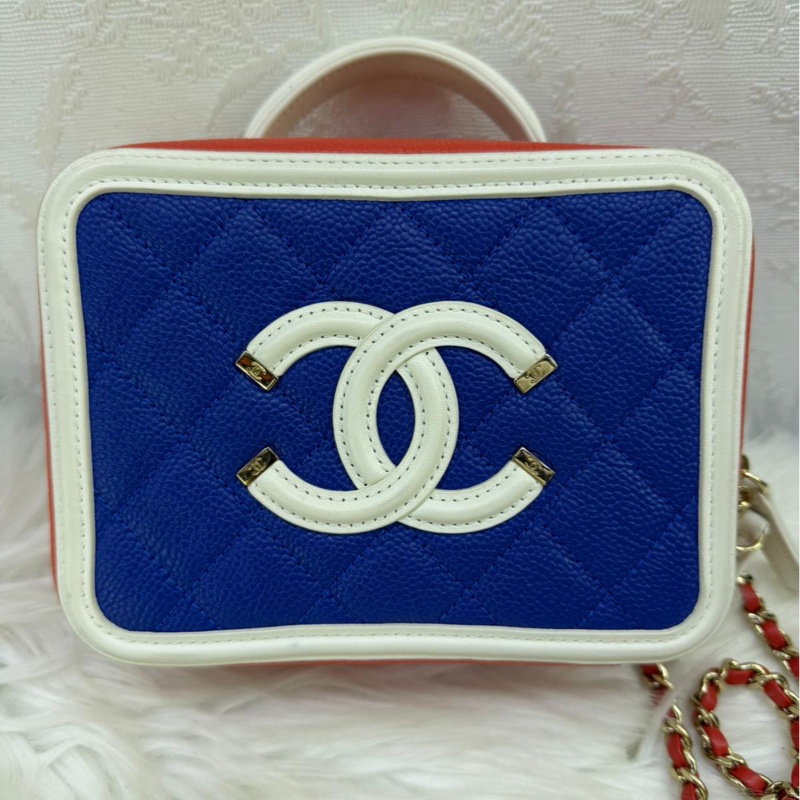 Caviar Quilted Small CC Filigree Vanity Case Blue White Red-1