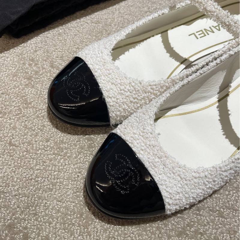 Chanel 香奈兒22k黑白粗花呢瑪麗珍滿鑽花朵扣平跟鞋子38.5碼-4