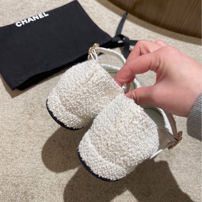 Chanel 香奈兒22k黑白粗花呢瑪麗珍滿鑽花朵扣平跟鞋子38.5碼-6