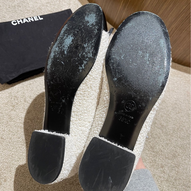 Chanel 香奈兒22k黑白粗花呢瑪麗珍滿鑽花朵扣平跟鞋子38.5碼-7