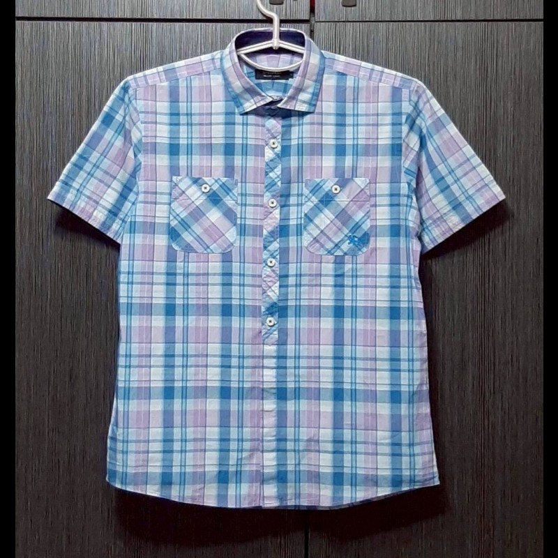 絕版BURBERRY 博柏利 BLACK LABEL 黑標 戰馬 男格紋短袖襯衫2號-0