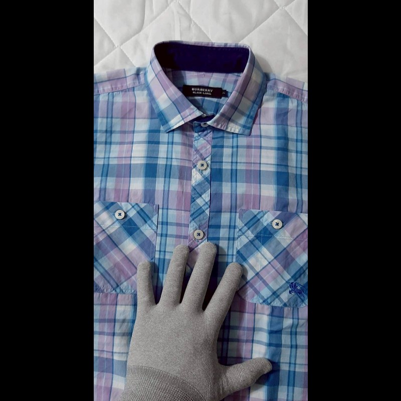 絕版BURBERRY 博柏利 BLACK LABEL 黑標 戰馬 男格紋短袖襯衫2號-2