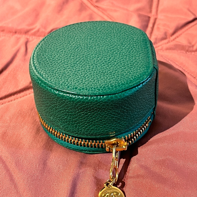 CHANEL 中古祖母綠古董首飾盒 荔枝皮 小皮件收納 絕版品-11