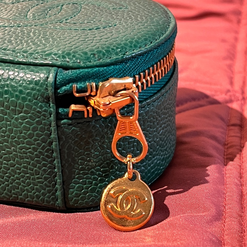 CHANEL 中古祖母綠古董首飾盒 荔枝皮 小皮件收納 絕版品-13