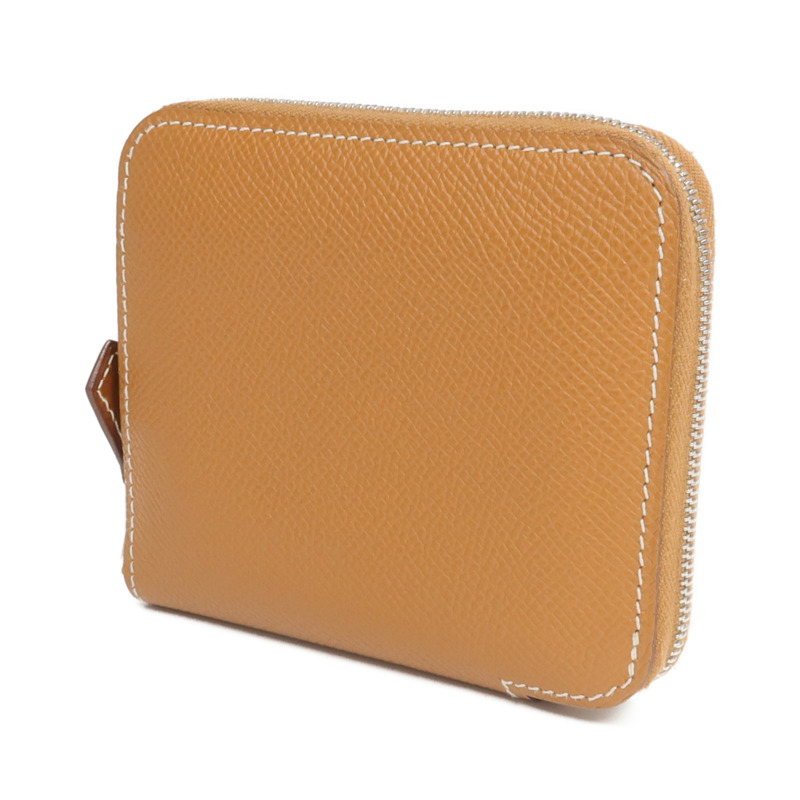 HERMES Epsom皮革Silk In Compact銀扣拉鏈錢包Gold-1