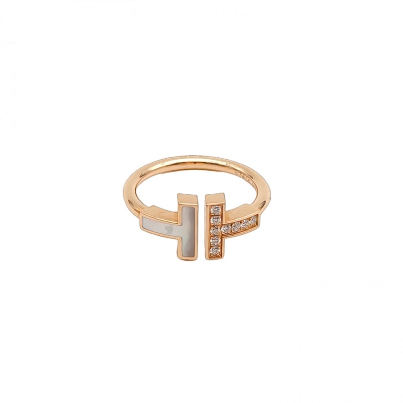 TIFFANY&CO 半貝母線圈戒指18K玫瑰金/鑽石/白貝母52-0