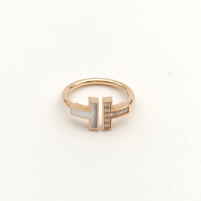 TIFFANY&CO 半貝母線圈戒指18K玫瑰金/鑽石/白貝母52-1