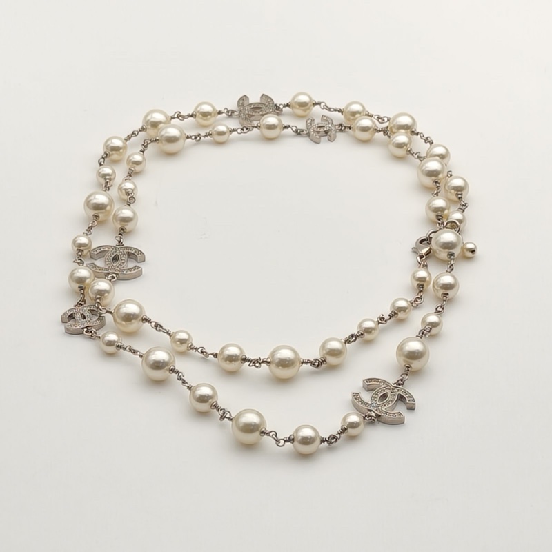 CHANEL 合金10A多層珍珠雙C帶鑽項鏈毛衣鏈-1