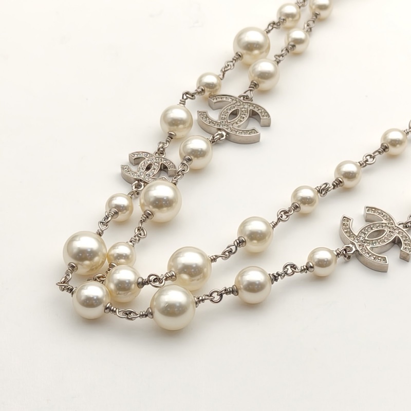 CHANEL 合金10A多層珍珠雙C帶鑽項鏈毛衣鏈-2