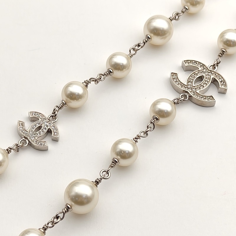 CHANEL 合金10A多層珍珠雙C帶鑽項鏈毛衣鏈-3