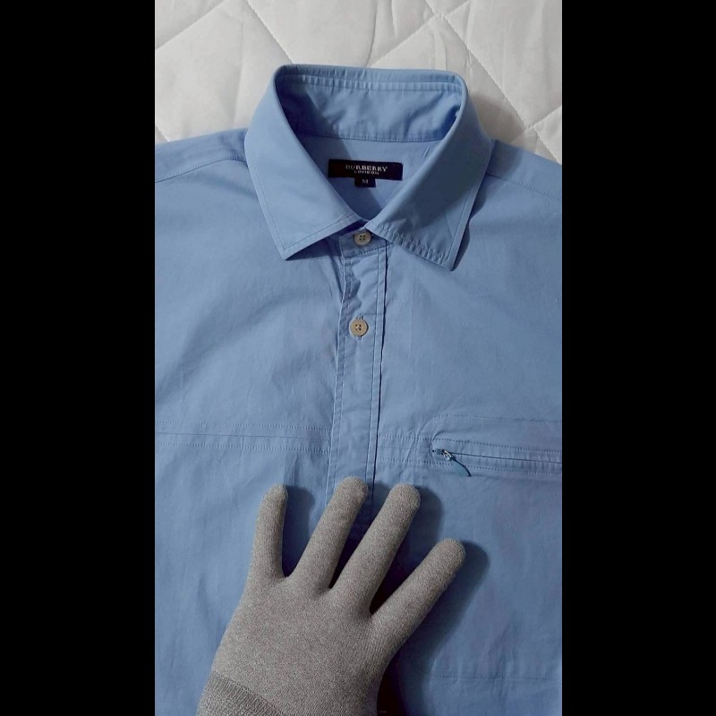 （日本製MIJ）BURBERRY 博柏利 LONDON 男淺藍單拉鍊口袋短袖襯衫M-2