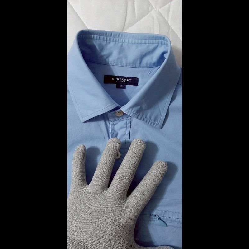（日本製MIJ）BURBERRY 博柏利 LONDON 男淺藍單拉鍊口袋短袖襯衫M-7