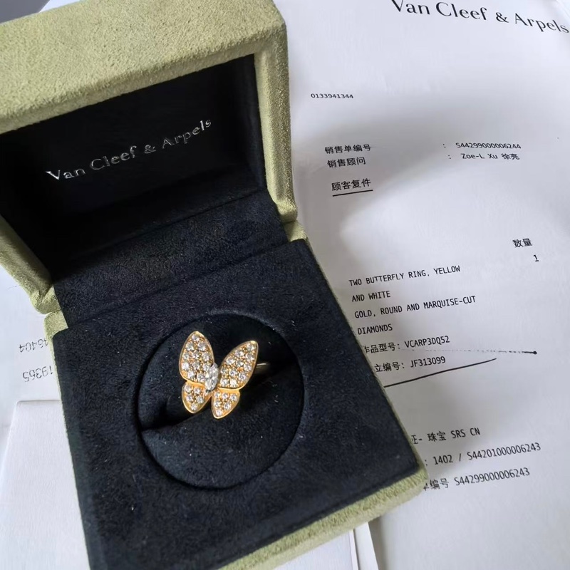 VAN CLEEF&ARPELS 18K黃金鑽石twobutterfly滿鑽蝴蝶戒指52-4
