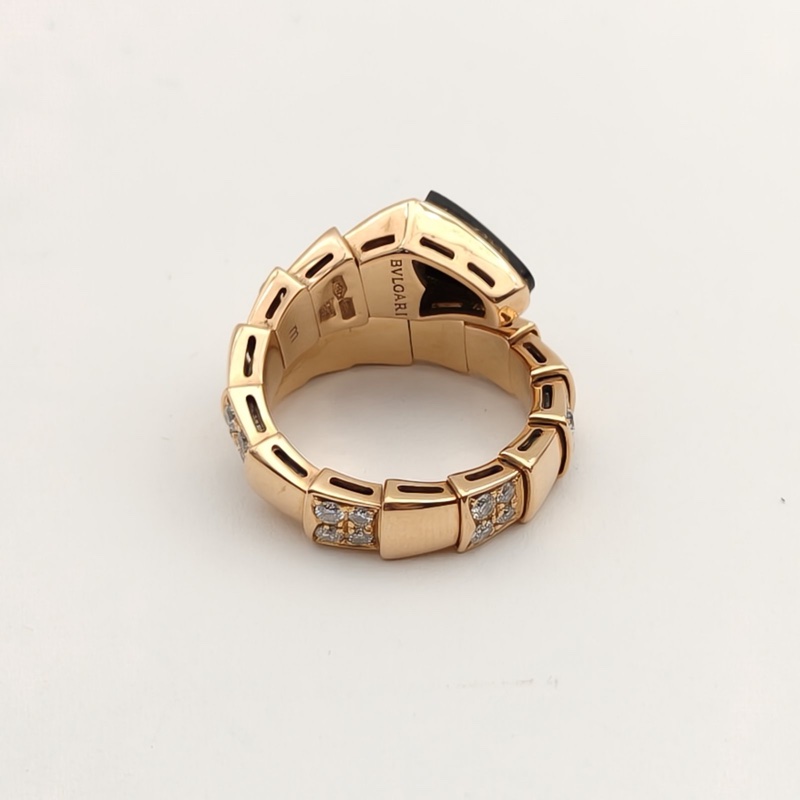 BVLGARI Serpenti黑瑪瑙間鑽寬版蛇形戒指18K玫瑰金/鑽石M碼-2
