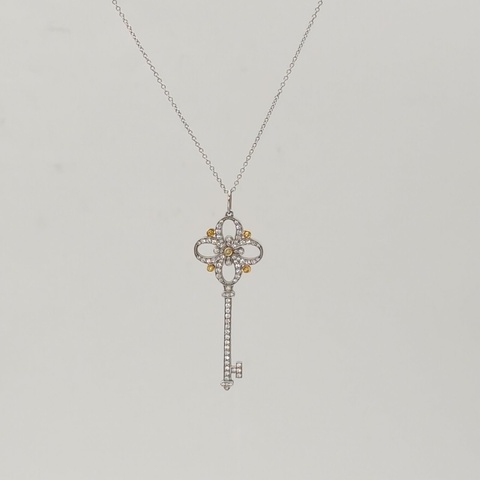 TIFFANY&CO 18K白金鑽石Keys繁華鑰匙項鏈配黃鑽4.5cm