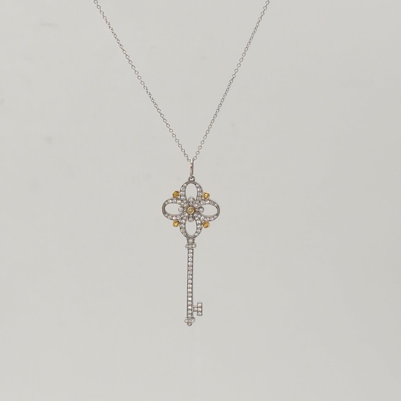 TIFFANY&CO 18K白金鑽石Keys繁華鑰匙項鏈配黃鑽4.5cm-0