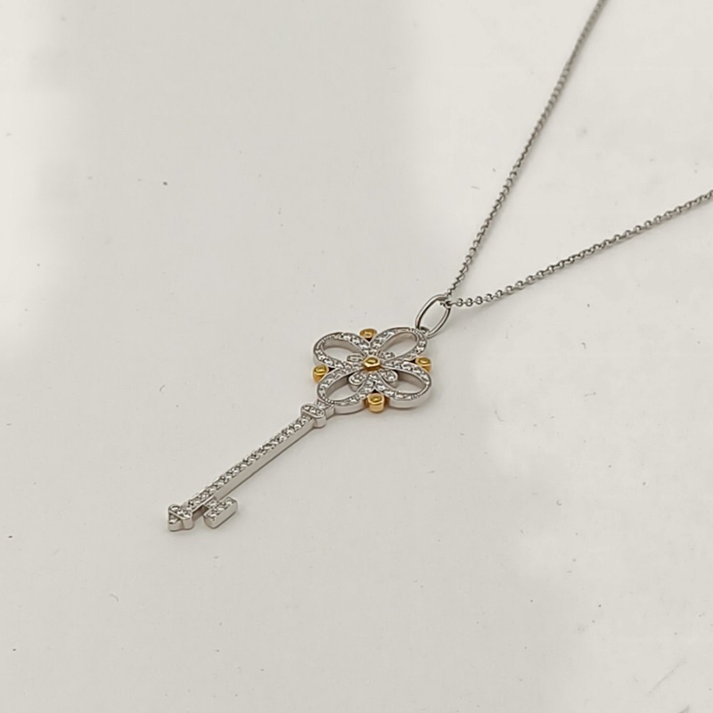 TIFFANY&CO 18K白金鑽石Keys繁華鑰匙項鏈配黃鑽4.5cm-1