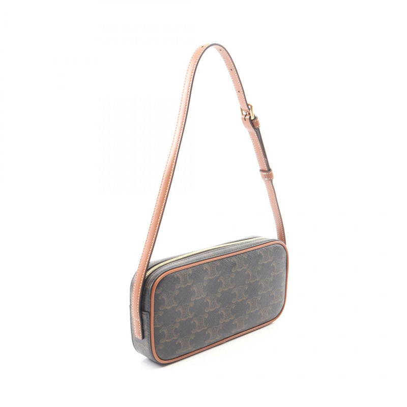 CELINE Cuir Triomphe 迷你相機單肩包，帆布皮革，黑色/棕色，二手-1